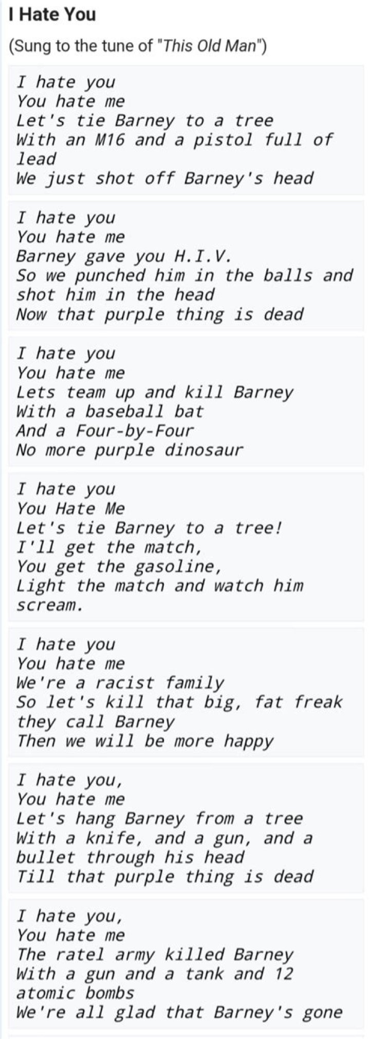 I hate you you hate me barney lyrics