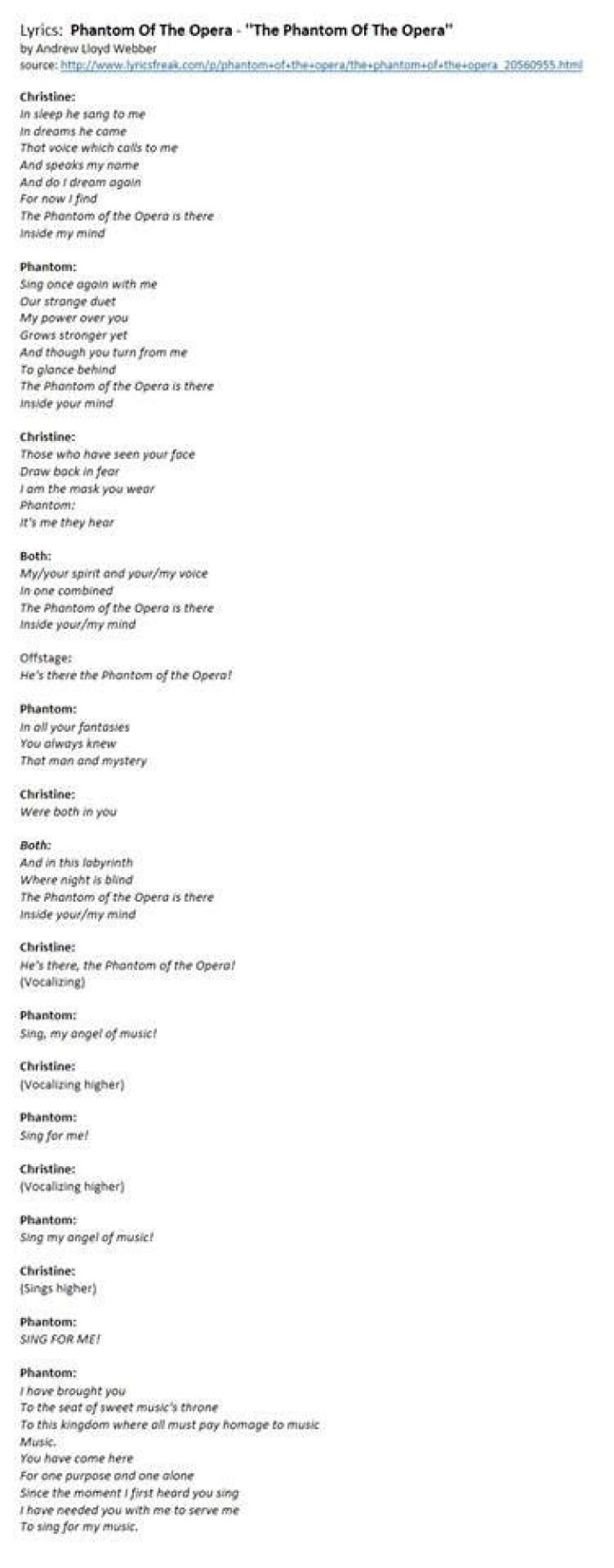 Phantom of the opera lyrics