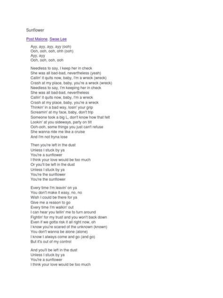 Sunflower post malone clean version lyrics